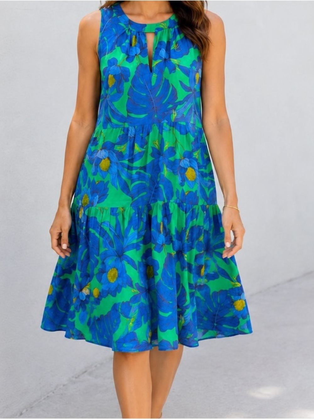 Tommy Hilfiger Green Blue Floral Tiered Midi Dress Sleeveless Keyhole Size 8